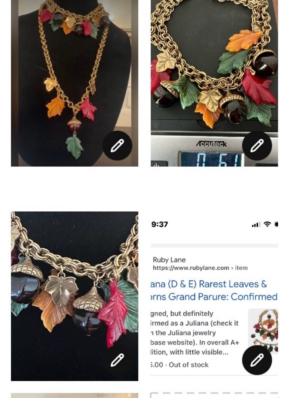 2 RARE  🍁 Juliana (D&E) BAKELITE acorn  leaves Les Bernard necklace confirmed